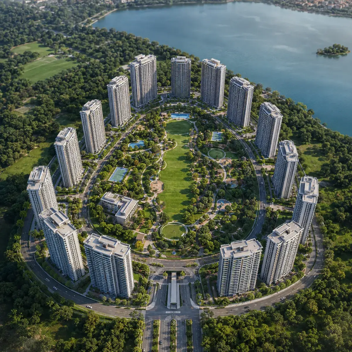 Aerial view of the 20-acre Candeur Kukatpally community beside IDL Lake, Kukatpally, Hyderabad Aerial view of the 20-acre Candeur Kukatpally community beside IDL Lake, Kukatpally, Hyderabad