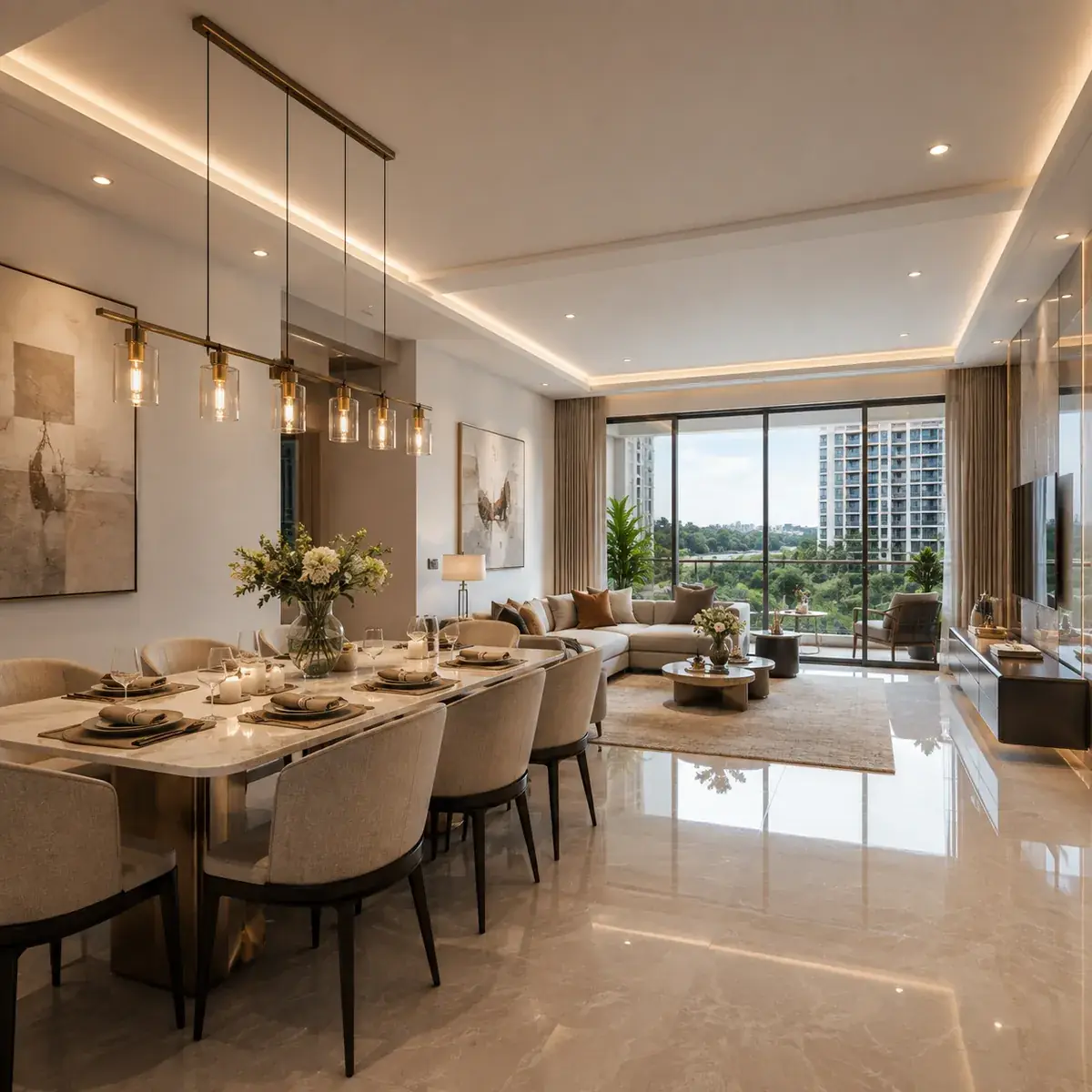 Living and dining interior of a 3 BHK at Candeur Kukatpally, Kukatpally, Hyderabad Living and dining interior of a 3 BHK at Candeur Kukatpally, Kukatpally, Hyderabad